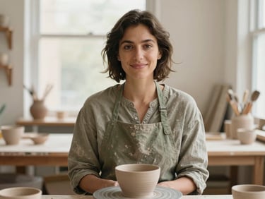Medium environmental portrait of a female ceramicist in a dusty apron, smiling softly in her sunlit studio, warm earthy tones