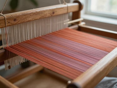 Close-up of a wooden loom with warm terracotta and dusty rose threads, shallow depth of field, soft natural light