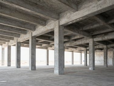 Interior of a clean industrial warehouse with high ceilings, crisp focus on restored concrete pillars and structural joints.