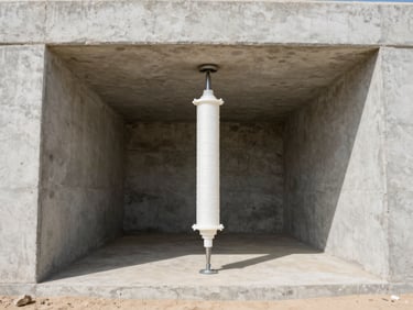 High-contrast photograph of high-pressure polyurethane injection grouting equipment inside a clean concrete basement structure, sharp focus.