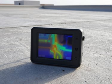Close-up of a thermal imaging camera screen displaying temperature differentials on a concrete roof slab, sharp focus, cool industrial tones.