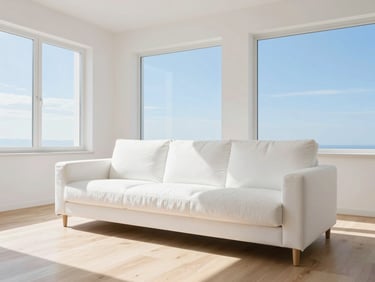 Luminous modern living room, pristine white sofa, natural light streaming through clean windows, light wood floor, elegant minimalist design.