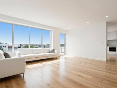 Luminous luxury apartment living room, pristine hardwood floors, clean minimalist furniture, high-key lighting, immaculate.