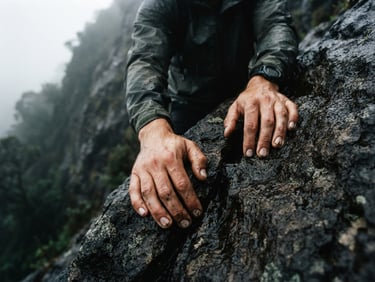 Moody close-up of hands gripping wet, dark volcanic rock during an intense mountain ascent, overcast misty daylight, cinematic 35mm.