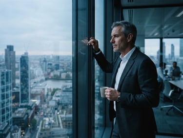 Candid, deep-focus portrait of a thoughtful executive looking out a high-rise window, cool architectural daylight, desaturated blue and slate tones, 35mm