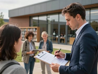 A local UK organizer reviewing project plans on a clipboard with community members outside a newly renovated library building.