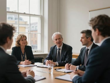 A focused, candid photograph of three trustees in a collaborative meeting room in London, soft natural daylight from a large window, architectural details, highly professional and authentic.