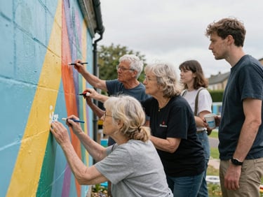 A group of older and younger UK residents working together on a community mural project outdoors, soft overcast daylight.