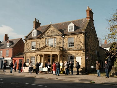 A restored historic community hall in a UK neighborhood, active with local organizers planning a civic project, warm natural daylight.
