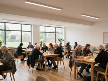 A bright, modern UK community hall interior with local residents gathering around wooden tables for a neighborhood workshop, soft window light.