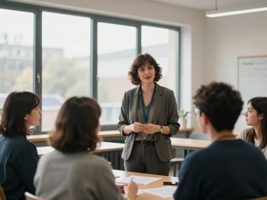 An environmental portrait of a local UK educator working with adults in a bright, modern workshop space, soft diffused window light, natural candid interaction, medium-wide framing.