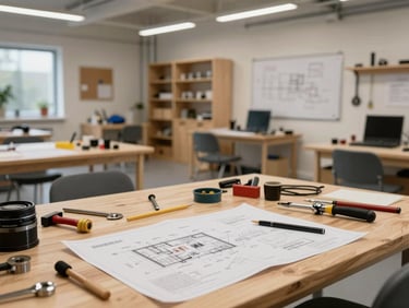 A modern, sustainably built educational workshop interior in the UK, with tools and design blueprints on a wooden table.