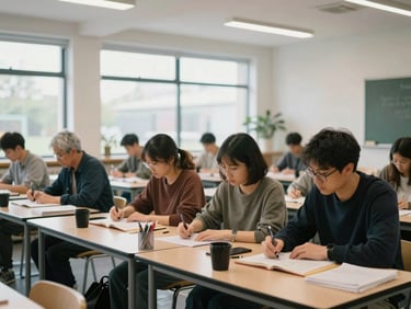 A bright, modern UK community classroom with local adults participating in a technical workshop, natural light, soft focus.