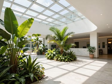 Clean minimalist hotel lobby with lush green plants, natural daylight streaming through glass ceiling