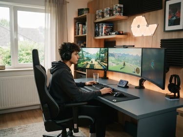 A teen sitting at a sleek gaming desk with multiple monitors, headphones on, focused, in a bedroom with warm ambient LED lighting and natural window light. The desk shows zero-clutter cable routing. Clean architectural photography, soft window light, warm wood tones and slate gray, realistic home environment, 35mm.