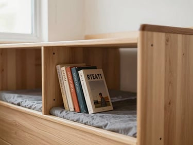 Medium shot of a teen organizing books on a hidden shelf within a modular storage bed, warm birch, natural light, no mess