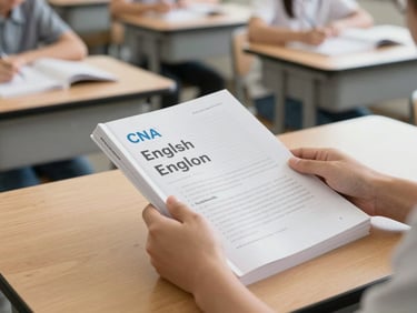Close-up of hands holding a CNA English textbook on a clean wooden desk, dynamic classroom background in soft focus.