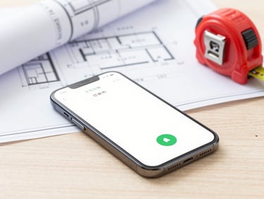 A close-up of a clean smartphone displaying an incoming call screen on a wooden table, with a professional contractor's blueprint and measuring tape blurred in the bright background.