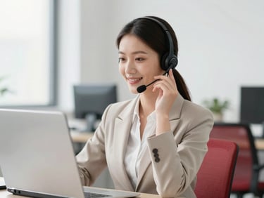 A professional female agent in a bright corporate setting smiling while taking an inbound call on a headset, clean modern office background with soft neutral tones.
