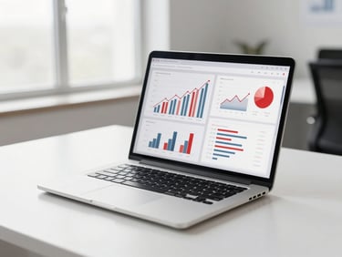 A bright corporate office desk with an open laptop showing clean financial charts and data-visualization graphs, illuminated by soft natural window light.