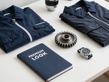 Premium pilot gear and aviation apparel neatly arranged on a clean table, including a flight logbook and pilot watch, crisp studio lighting.