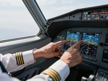 Close-up of hands of a pilot pointing to a flight navigation chart on an aircraft wing, crisp daylight.