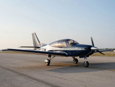 A sleek single-engine training aircraft parked on a clean asphalt runway, soft morning light, open sky.