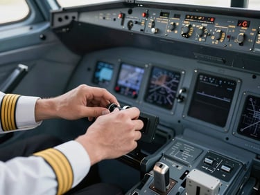 A pilot's hands adjusting the throttle quadrant in a modern aircraft cockpit, clean details, sharp focus, natural daylight.