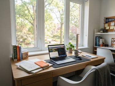 Bright sunlit student desk with a laptop, notebooks, and a window showing campus trees in the background, clean modern interior, natural daylight.
