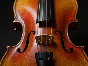 Close-up of a violin bridge and strings, dramatic low-key studio lighting with red accents.