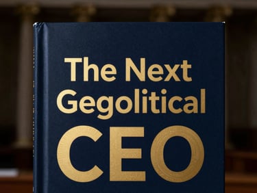 High-contrast editorial shot of 'The Next Geopolitical CEO' book cover, deep navy and muted gold tones, shallow depth of field, 35mm, against a dark academic background, dramatic side-lighting.