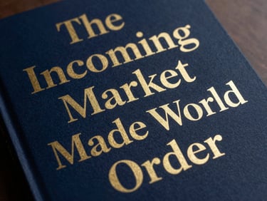 Close-up, flat-lay product shot of the book 'The Incoming Market Made World Order', prestigious editorial photography, high-contrast lighting, deep navy and gold tones.