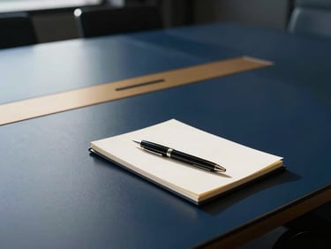 A sleek, minimalist conference room table with a single, high-end pen and a notepad, suggesting strategic discussions and corporate diplomacy, natural light. Prestigious editorial photography, deep navy and gold tones, shallow depth of field, 35mm.
