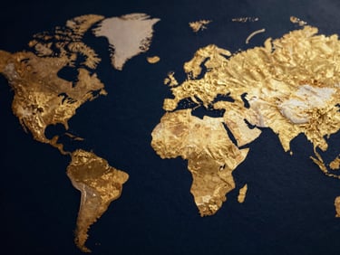 Abstract representation of research papers with subtle geopolitical symbols, deep navy and gold tones, 35mm, dramatic side-lighting.