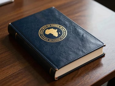 Close-up of a distinguished, dark leather-bound book with a gold embossed emblem, representing the African Council on Foreign Relations, on a polished wooden desk with soft natural light. Prestigious editorial photography, deep navy and gold tones, shallow depth of field, 35mm.