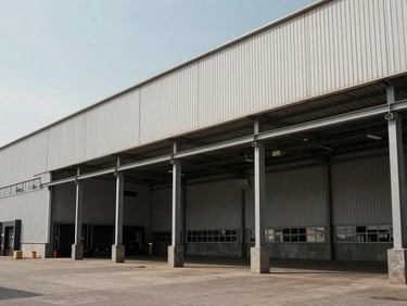 Warehouse exterior, industrial building facade showing structural integrity and scale, natural daylight, wide environmental framing with loading dock or vehicle context, no people or staging