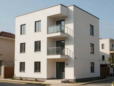 Finished residential flat exterior, daylight, showing clean architectural lines and condition, street-level view with adjacent buildings visible, no staging or models, natural north-facing light