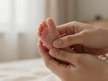 Macro detail shot of a father's hand gently holding a tiny newborn foot, warm soft lighting, cream and beige colors