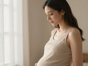 A mother-to-be looking down serenely, soft window light highlighting her profile, warm neutral tones, minimalist background