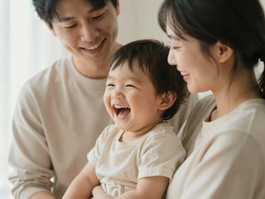 A young child laughing naturally while being held by parents, soft focus, warm editorial lighting, neutral clothing