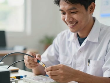 Friendly Indonesian local technician in a clean uniform working on fiber optic cables with a smile, warm natural outdoor lighting, close-up shot focusing on authentic human connection, shallow depth of field.