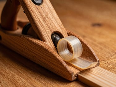 Extreme close-up of a sharp hand plane slicing a thin, translucent curl of cherry wood, side-lit with warm amber light showing deep grain texture