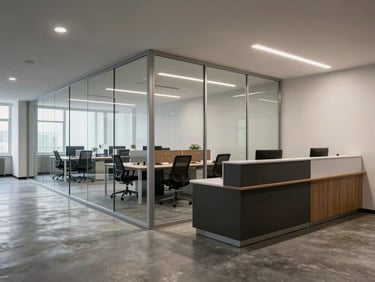 Finished open-plan office interior, grey concrete-look floor, glass partition wall with aluminium frame, reception desk in foreground, diffused overhead lighting, empty of people, wide environmental shot