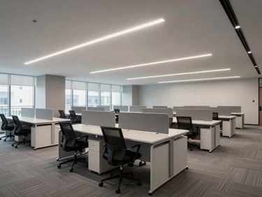 Environmental photograph of a finished modern office interior, open-plan workspace with clean desk rows, diffused overhead lighting, neutral grey and white surfaces, empty of people, shot from corner showing full depth