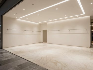 Wide shot of a finished commercial retail shop interior, white stone floor, recessed lighting strips in ceiling grid, empty of people, clean geometry, editorial architectural photography perspective