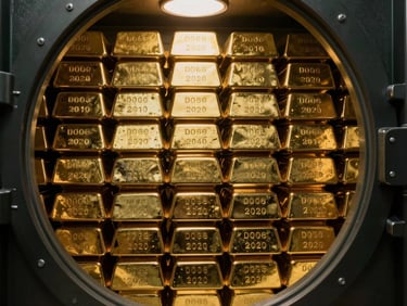 Secure vault interior with gold bars stacked, high-contrast studio lighting, visible serial numbers, deep obsidian tones