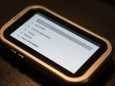 Digital interface displaying secure client verification data, high-contrast studio lighting.