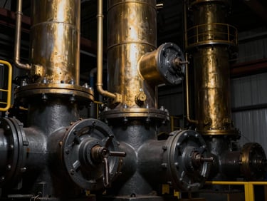 Secure refining facility interior, high-contrast studio lighting, focus on machinery, deep obsidian tones