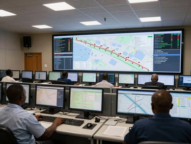 Interior of an intercity transport dispatch control room in West Africa, wide shot, multiple workstations with route monitoring screens glowing in the foreground, a large wall display showing corridor maps and data overlays, overhead fluorescent lighting, two operators at keyboards with backs to camera, operational documentary style