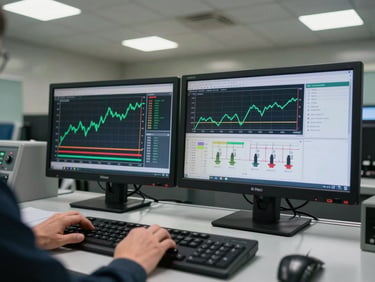 Engineering-perspective shot inside a control room, dual monitors displaying pressure trend charts and P&ID schematics, operator hands visible at the keyboard, tungsten overhead lighting